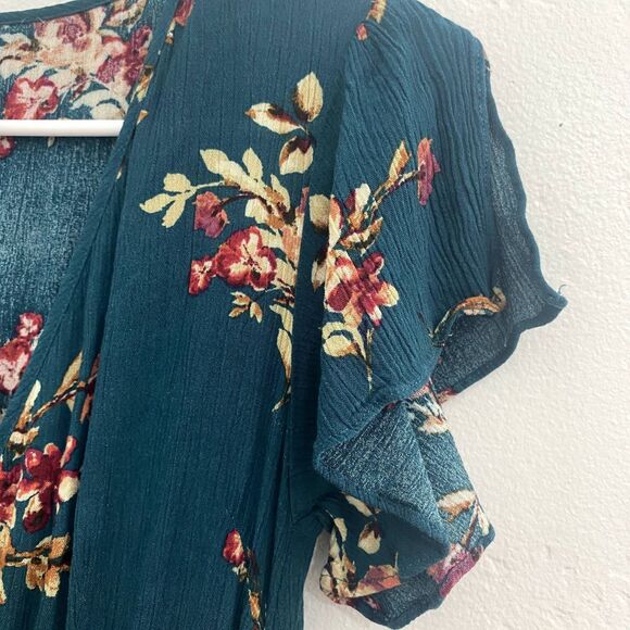 Xhilaration | Teal Floral Maxi Dress Flutter Sleeves Faux Wrap - Picture 7 of 9